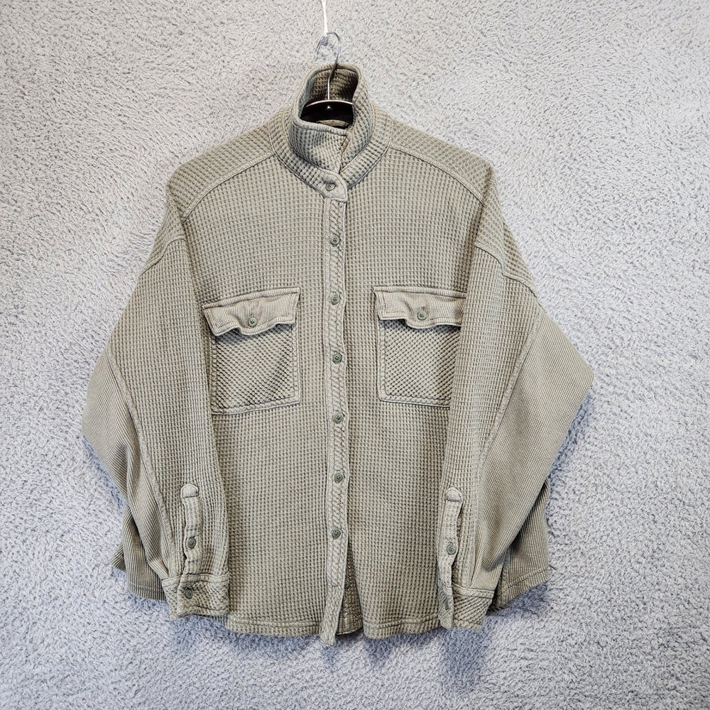 Aerie Button Up Womens XS Shirt Waffle Knit Green Gray Cozy Casual Everyday Wear